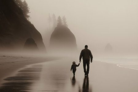 Father and son walking hand in hand along the misty shore of Cannon Beach, Oregon, enjoying a serene and peaceful morning togetherの素材