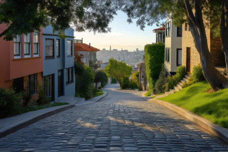 Winding cobblestone road leading downhill through a residential neighborhood with colorful houses and lush greenery lining the streetの素材