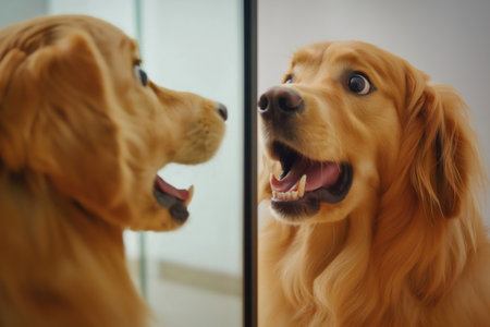 Golden retriever dog barking at its reflection in a mirror, surprised and confused expressionの素材