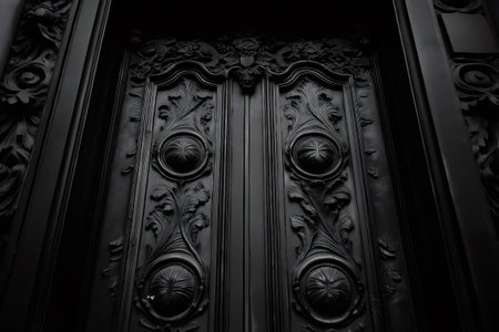 Close up view of a richly carved black wooden door, showing detailed craftsmanship and ornate designの素材
