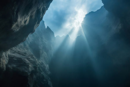 Sunbeams piercing through mist, illuminating a dramatic canyon with dark rock walls under a blanket of clouds on a cloudy dayの素材