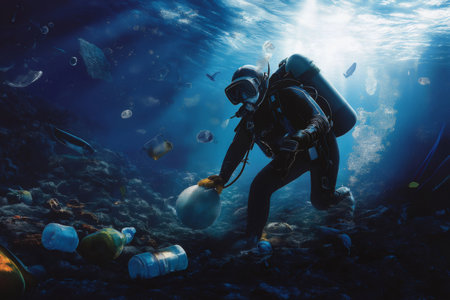 Scuba diver collecting plastic waste from the polluted ocean floor, highlighting the urgent issue of marine pollution and environmental responsibilityの素材