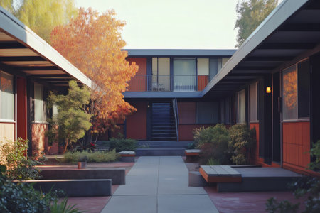 Empty courtyard of a residential building with autumn trees and bushes, featuring a walkway, benches, and stairs leading to the upper floorの素材