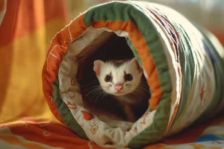 Playful ferret peeks out from a vibrant fabric tunnel, showing its curious nature. The setting is cozy and inviting, perfect for a pet's explorationの素材