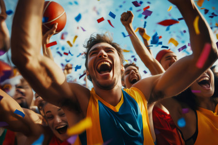 Euphoric basketball players celebrating their victory, holding the ball and throwing confetti in the airの素材