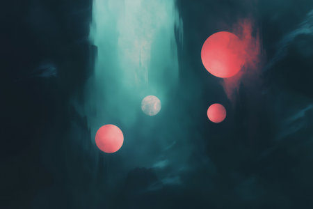 Pink and white glowing orbs floating in a dark abstract scene with teal and dark tones, creating a mysterious and otherworldly atmosphereの素材