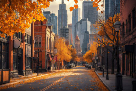 Golden foliage blanketing the streets of Toronto creates a stunning display during a vibrant autumn day filled with colorful leavesの素材