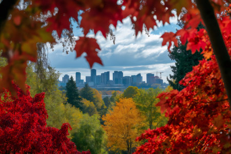 Red and yellow maple leaves create a natural frame around a cityscape under a cloudy sky, capturing the essence of fallの素材