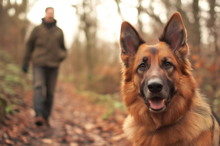 Beautiful German Shepherd dog walking in a forest with its owner, enjoying a relaxing walk in natureの素材