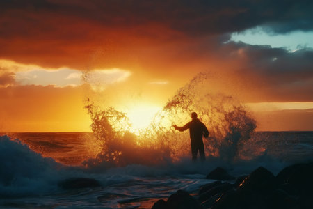 Silhouette of a fisherman casting a net against a dramatic ocean sunset, creating a captivating scene of man and natureの素材