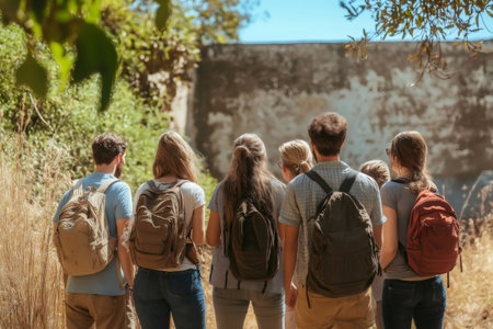 Groups of tourists with backpacks admiring a historical site during a sunny day, engaging in a guided tour filled with discoveryの素材