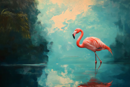 Painting of a pink flamingo standing on one leg in a shallow lagoon, with tropical vegetation and its reflection visible in the calm waterの素材