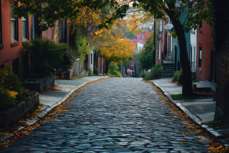 Scenic view of a cobblestone road winding uphill through a charming residential neighborhood adorned with colorful autumn foliageの素材