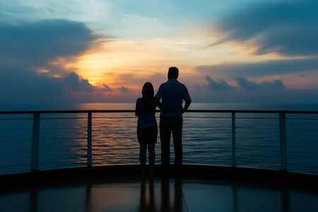 Romantic couple admiring colorful sunset over ocean from cruise ship deck, enjoying peaceful moment togetherの素材