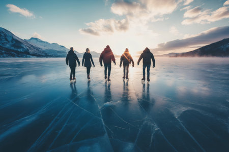 Five friends are ice skating on a frozen lake at sunset, enjoying their winter holidays in a stunning natural landscapeの素材