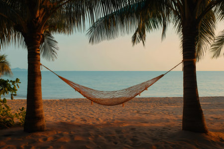 Empty hammock hanging between two palm trees on a tropical beach at sunset, perfect for relaxing and enjoying the viewの素材