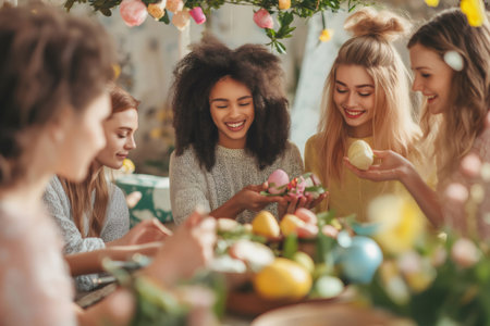Group of young women preparing for Easter holidays, painting and decorating eggs, exchanging gifts and enjoying time togetherの素材