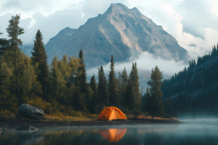 Orange camping tent set up on the shore of a pristine mountain lake, fog rolling in at dawn, creating a serene and peaceful atmosphereの素材