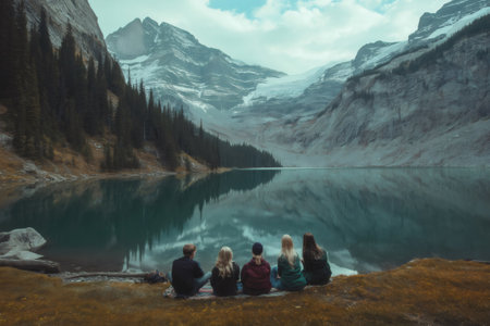 Five friends relaxing by a tranquil mountain lake, enjoying the stunning reflection of the Canadian Rockies in the turquoise waterの素材