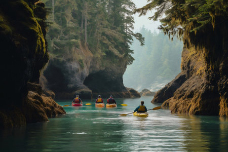 Tourists kayaking in Resurrection Bay, Alaska, explore hidden passages and enjoy the tranquility of natureの素材
