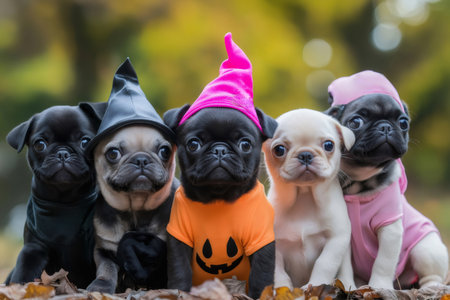 Five adorable pug puppies wearing Halloween costumes are sitting together on a bed of autumn leavesの素材
