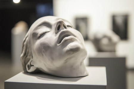 White plaster head sculpture with closed eyes and open mouth exhibited on a white pedestal in an art galleryの素材