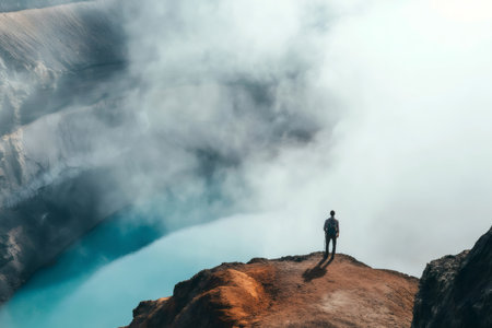 Hiker admiring breathtaking view of volcanic crater with turquoise lake partially covered by cloudsの素材