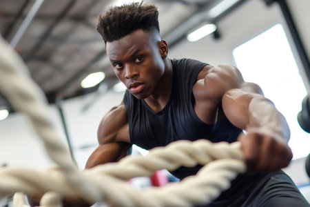 Muscular athlete exercising with battle ropes, demonstrating strength and determination in gym settingの素材