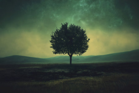 Lone tree stands in an open field at night, illuminated by the mesmerizing glow of the Northern Lightsの素材