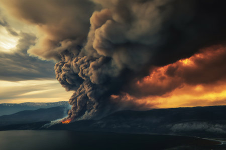 Wildfire burning near lake is creating a thick and dark smoke column rising up in the sky during a dramatic sunsetの素材