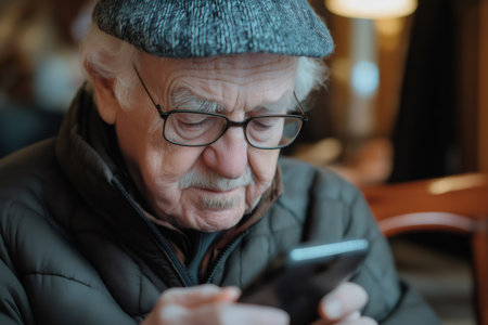Concentrated man senior learning to use mobile phone, enjoying digital life and staying connected in retirementの素材