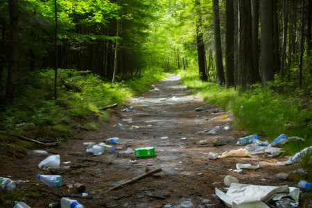 Plastic garbage polluting a forest path, highlighting environmental damage and irresponsible waste disposalの素材