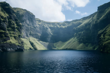 Tranquil caldera lake surrounded by dramatic volcanic cliffs, with lush green slopes under a partly cloudy sky, creating a peaceful natural sceneの素材