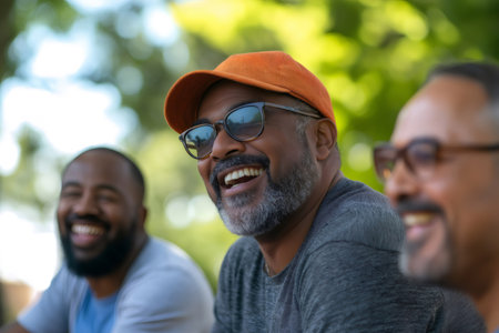 Three cheerful men wearing casual clothes and sunglasses are enjoying their leisure time together in a park, sharing laughter and good timesの素材
