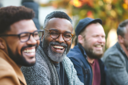 Group of multi ethnic male friends laughing and enjoying each other's company in a vibrant outdoor setting during autumnの素材