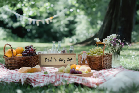 Dad enjoying a picnic in the park, surrounded by fruits, refreshing drinks, vibrant flowers, and a festive banner, celebrating togethernessの素材