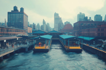 Two ferries are approaching a bustling terminal, with the city skyline rising in the backgroundの素材