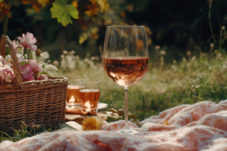 Elegant glass of rose wine sits on picnic blanket in vineyard, creating an idyllic scene for romantic date or celebrationの素材