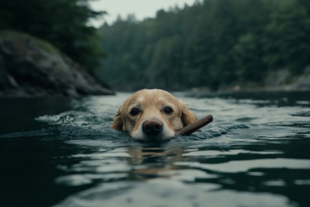 Golden retriever dog swimming in a lake with a stick in its mouth, enjoying a refreshing swim in natureの素材