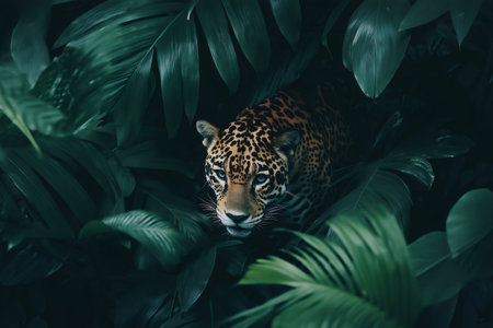 Majestic jaguar hidden among dense green leaves in a tropical rainforest, creating a captivating scene of wildlife in its natural habitatの素材