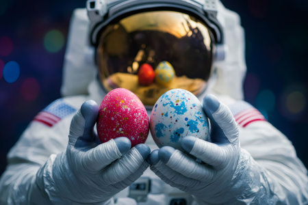 Astronauts in space suits holding vibrant Easter eggs, symbolizing a festive celebration in a cosmic setting with a colorful backdropの素材