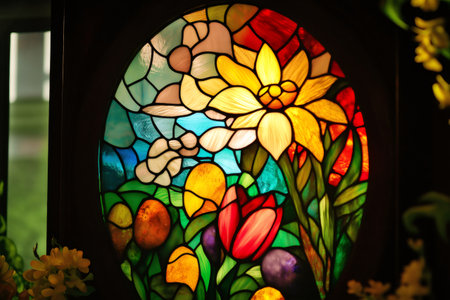 Colorful stained glass window depicting an Easter scene with flowers, eggs, and intricate patterns, showing vibrant artistry and craftsmanshipの素材