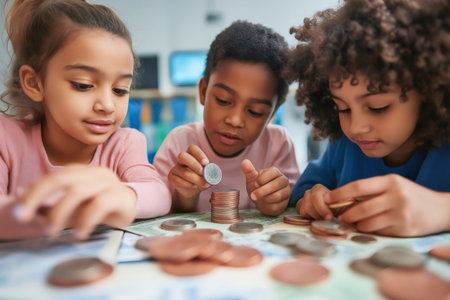 Three children learning about money by stacking coins and exploring basic financial concepts in an engaging and interactive settingの素材