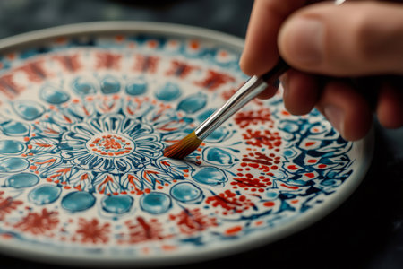Close up of a hand painting a detailed mandala design on a ceramic plate using vibrant blue and red colors, showing casing artistic craftsmanshipの素材