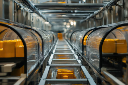 Goods moving seamlessly on a conveyor belt within transparent capsules highlight advanced technology in a modern factory settingの素材