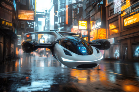 White and black futuristic flying car hovering over a wet street in a cyberpunk city with neon lights and advertisementsの素材