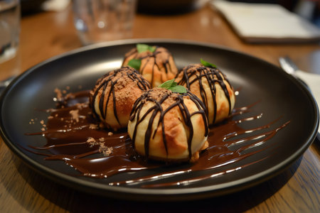 Four profiteroles topped with chocolate sauce, gratified chocolate, and mint leaves are served on a sleek, black plateの素材