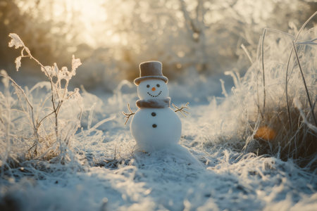 Charming snowman wearing a festive hat and scarf, standing proudly in a frosty meadow as the sun rises on a cold winter morningの素材