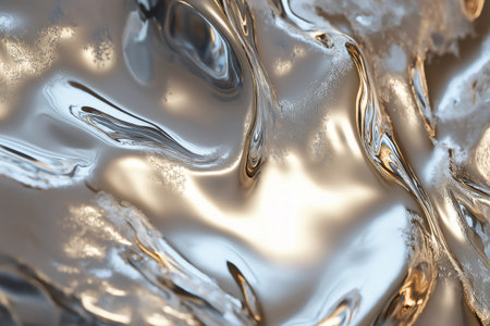 Metallic silver gradient resembling liquid chrome forming elegant waves and ripples, creating an abstract and luxurious textureの素材
