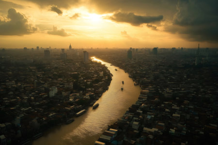 Cargo ships navigating a river running through Asian City cityscape during a vibrant sunset with dramatic cloudsの素材